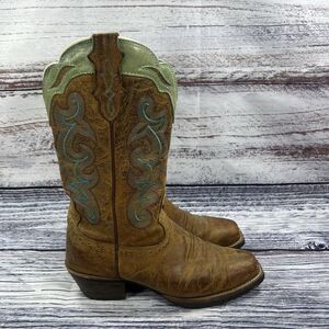 Justin Sevana Brown & Green Leather Square Toe Western Boots SVL7312 Women’s 9